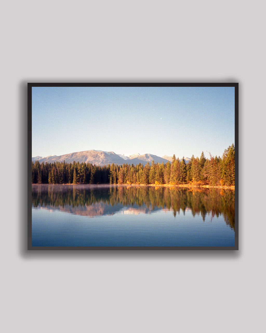 Framed photograph of a Jasper National Park fall colors landscape with a lake and trees.