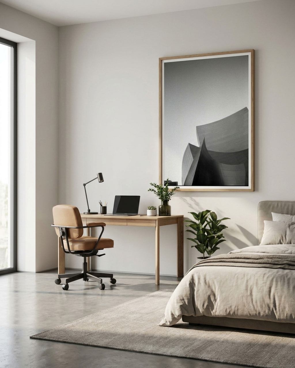 Modern bedroom with a desk, chair, and artwork on the wall.