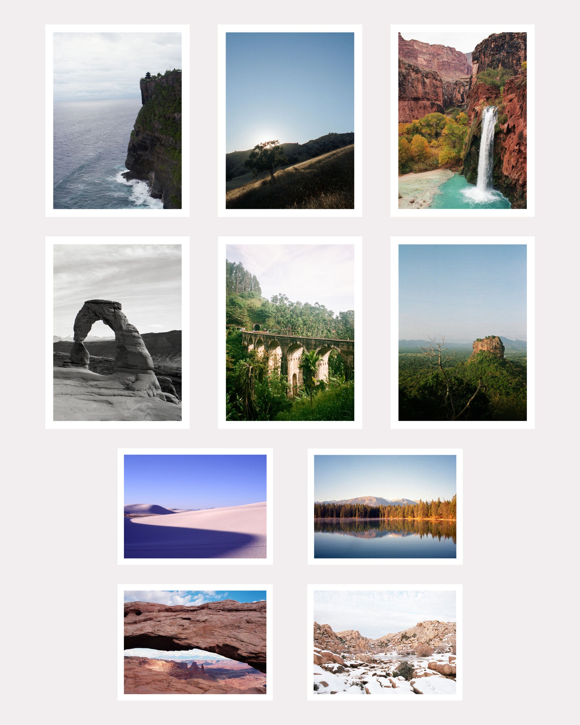 Grid of scenic landscape photos including ocean, mountain, waterfall, arch, and desert post cards