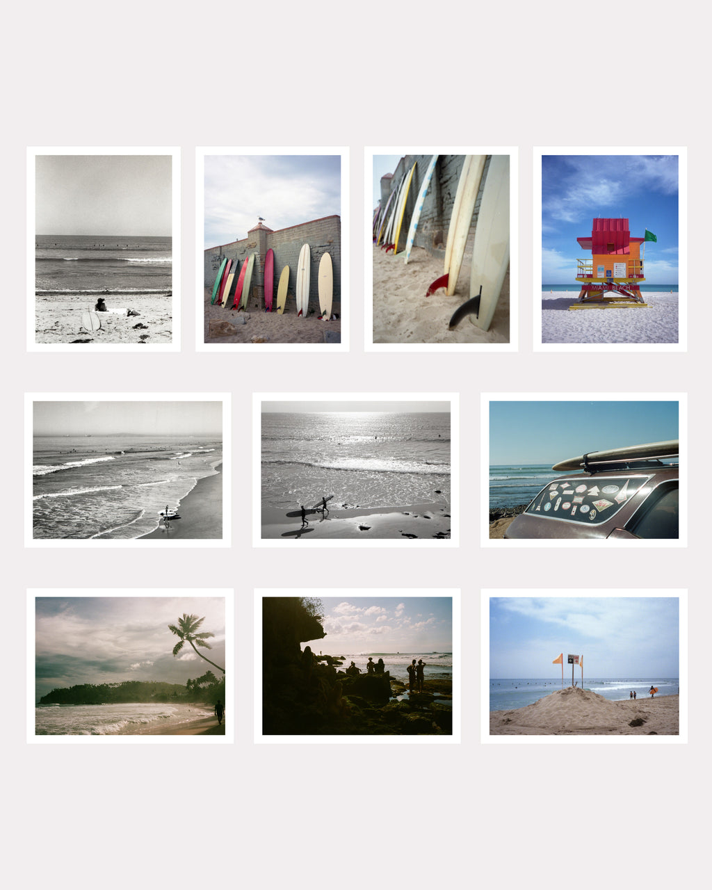 Collage of various beach scenes with surfboards and coastal landscapes.