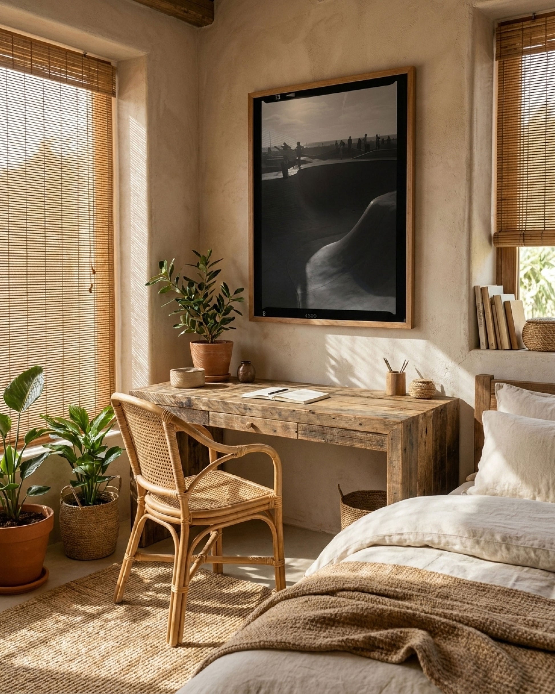 Cozy bedroom with wooden desk, chair, and framed artwork on a wall.