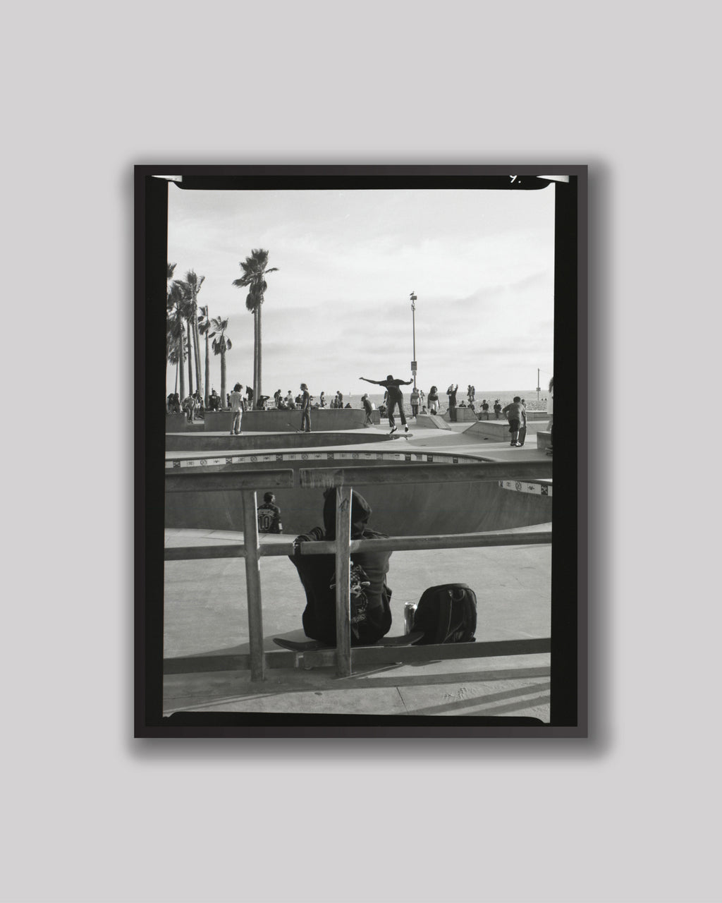 Framed black and white photograph of a skate park with palm trees in the background.