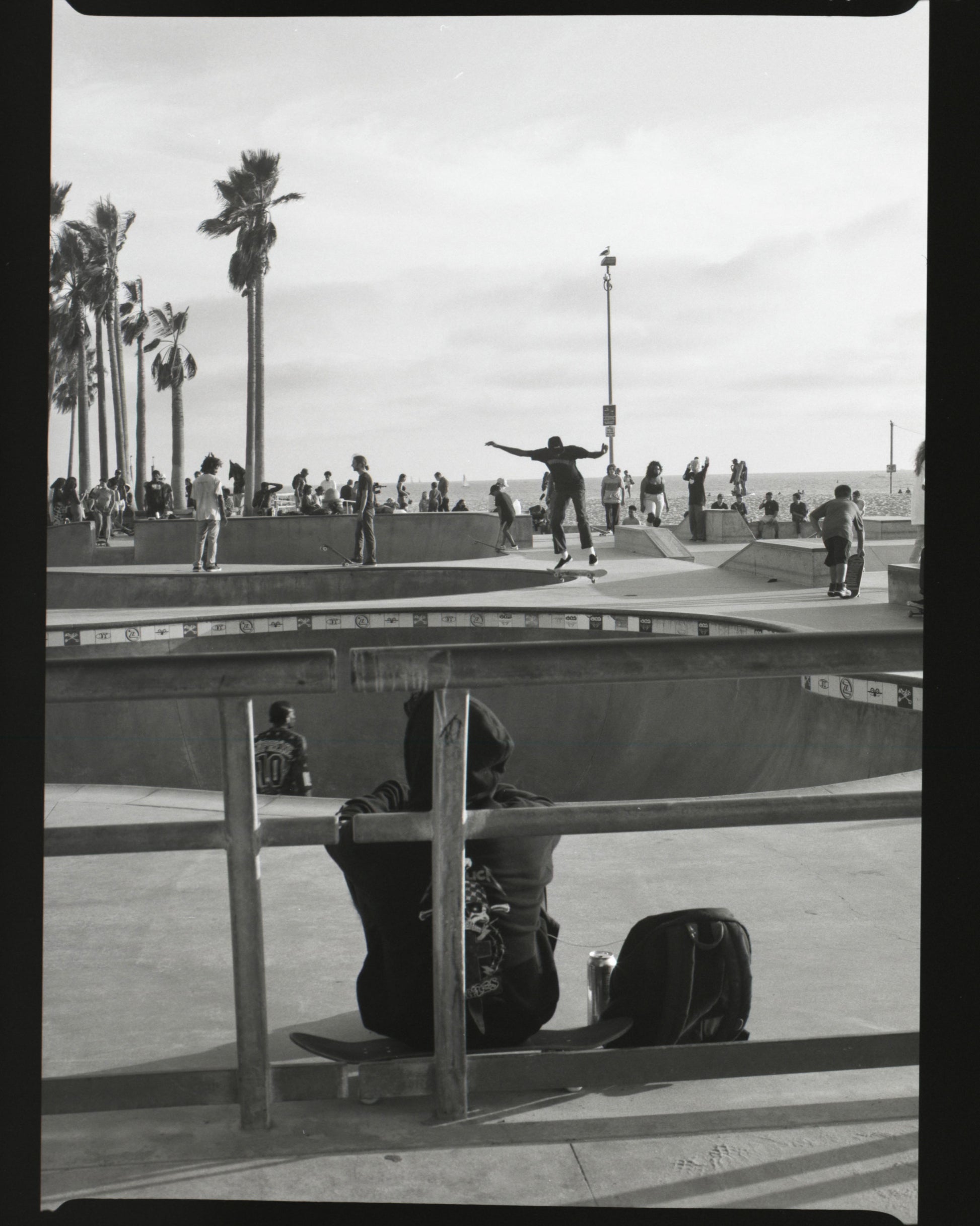 Skateboarder performing a trick at a venice beach skate park with onlookers in the background.