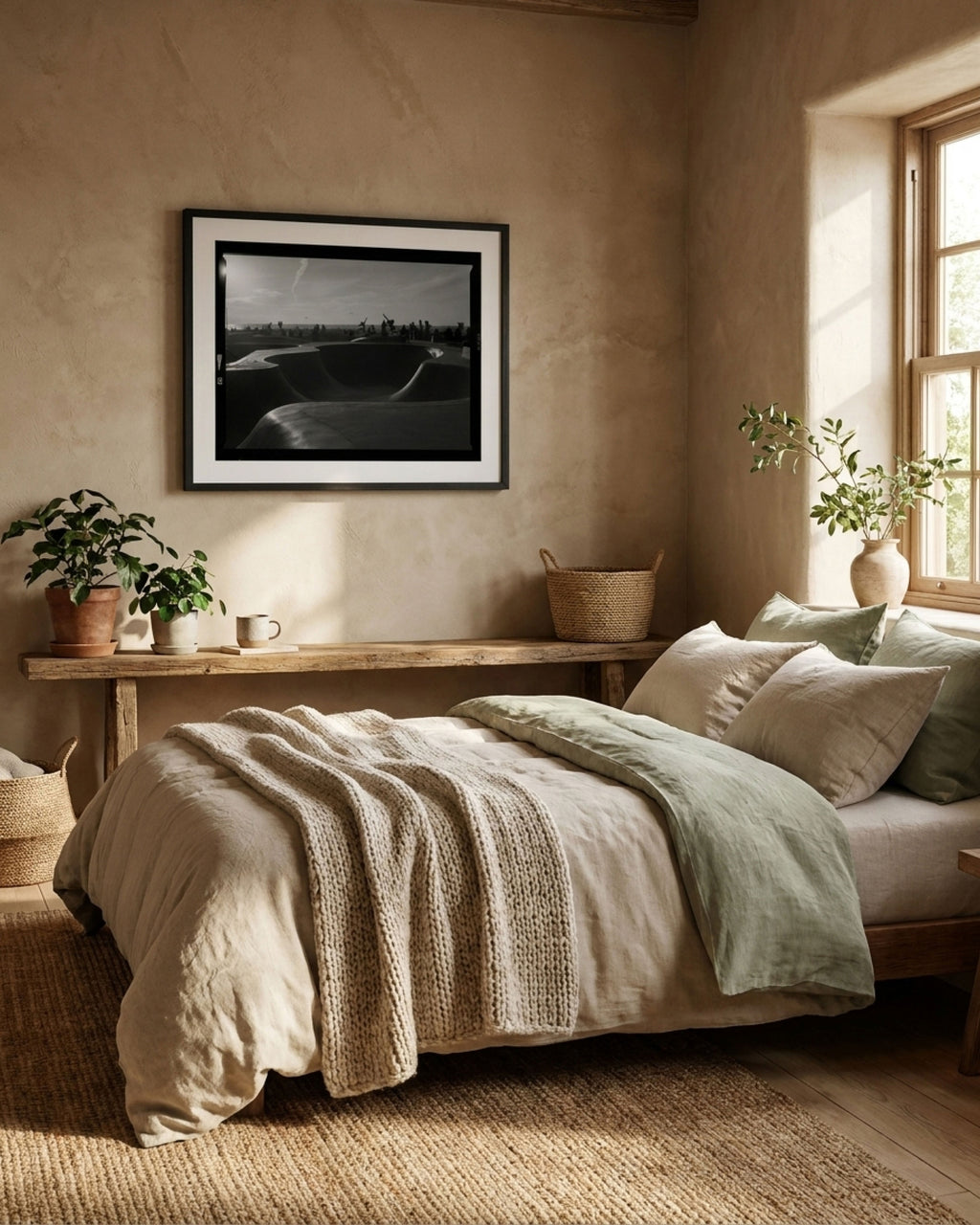 Cozy bedroom with a black and white photo frame