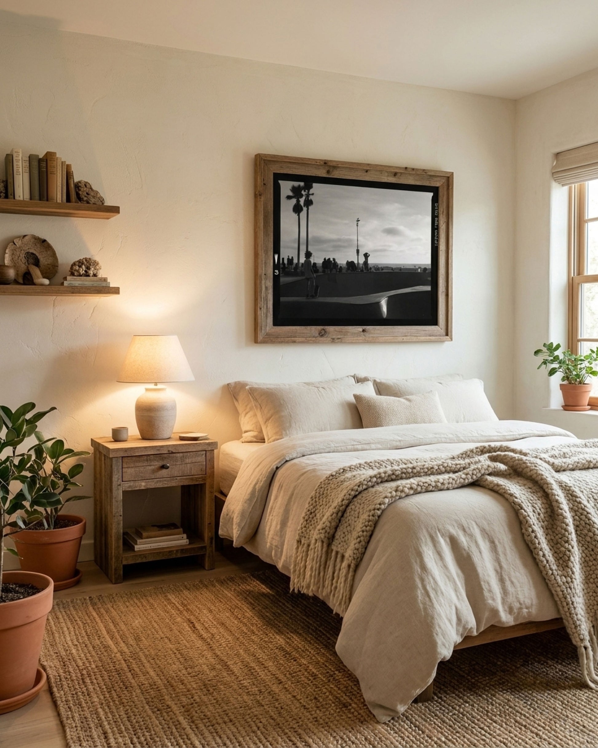 Cozy bedroom interior with a black and white photo frame